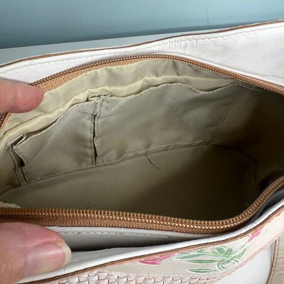 Cee Klein Purse Ivory Leather Basketweave Shoulder Bag Embossed Pink Roses - Picture 12 of 13